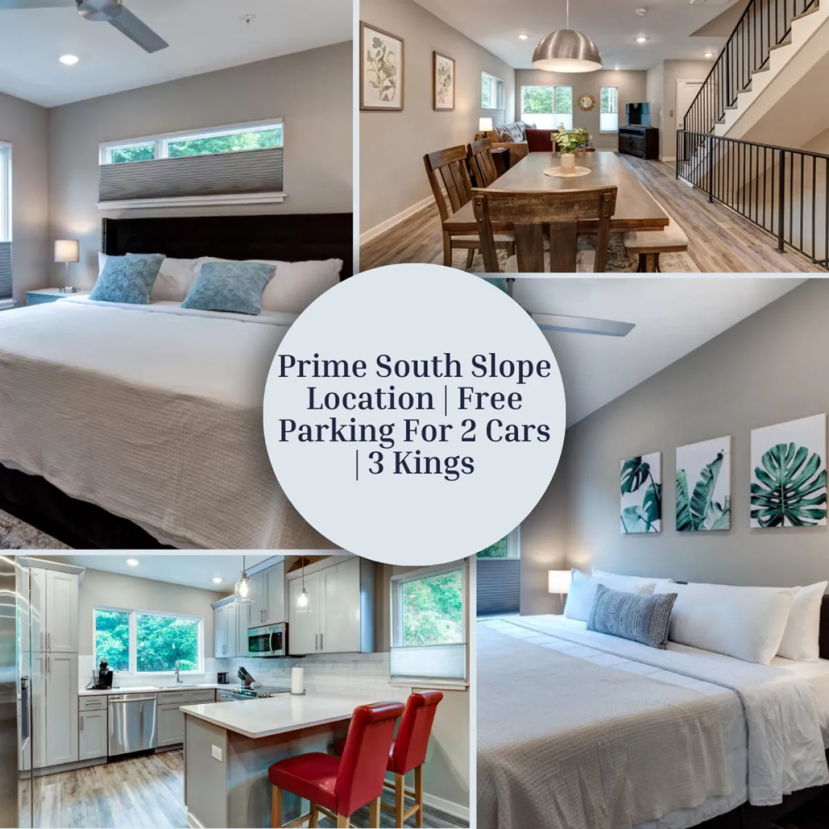 The image showcases a bright, open-plan living and dining area with a stylish modern kitchen in the background. The space features a large dining table set for shared meals, plush king-sized beds visible through open doorways, and chic framed botanical art on the walls, all contributing to a warm and inviting atmosphere.